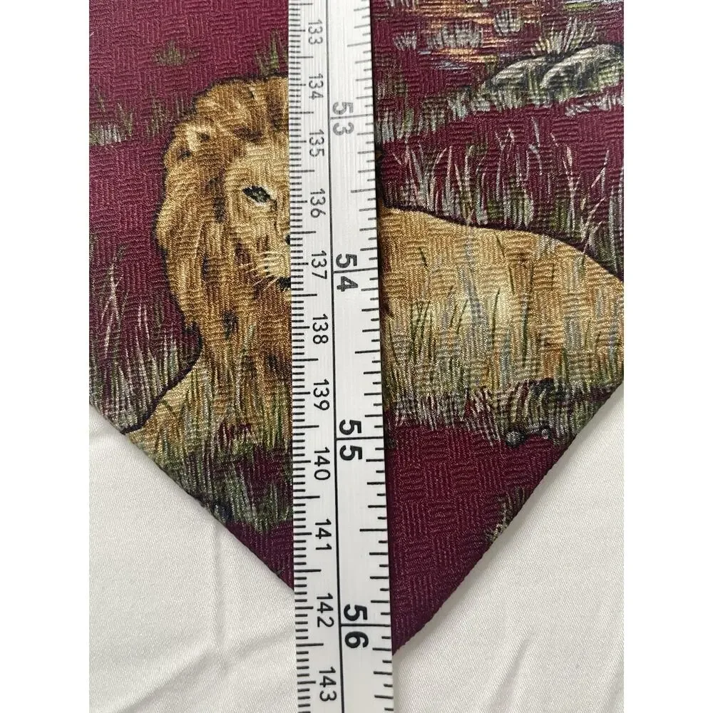 WWF World Wildlife Fund Safari Animal Tie Lions Elephant Giraffe Burgundy Silk